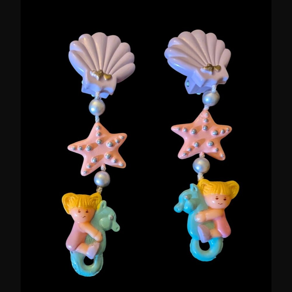 Vintage 1990 Polly Pocket Mattel Seashell Clip On 2.75" Earrings
